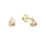 Zlaté 14 karátové náušnice slza s ružovou riečnou perlou a briliantmi 91PB00052 pink
