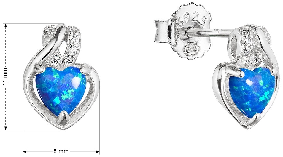Strieborné náušnice srdca z modrého syntetického opálu a zirkónmi 11469.3 white