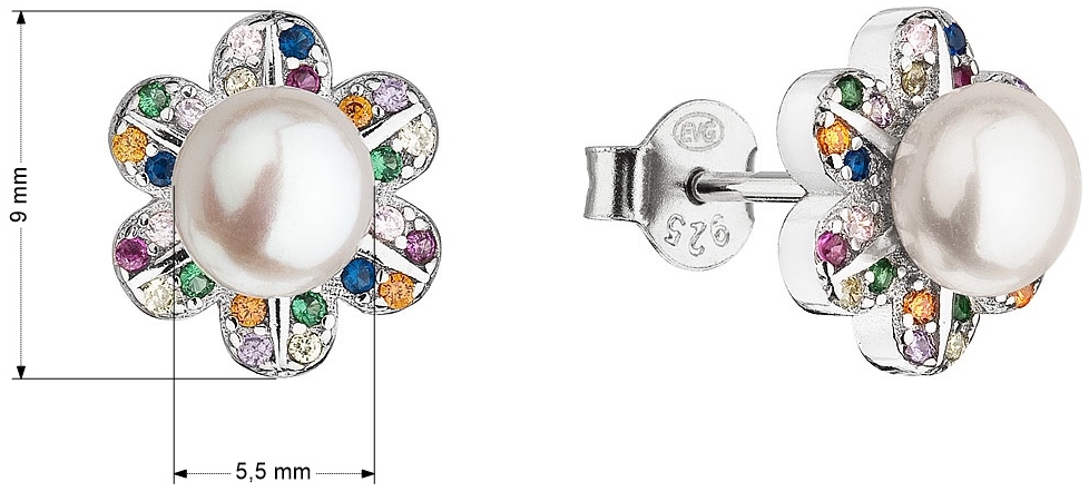 Strieborné náušnice kvietky multi zirkónmi s bielou riečnou perlou 21071.3 multi