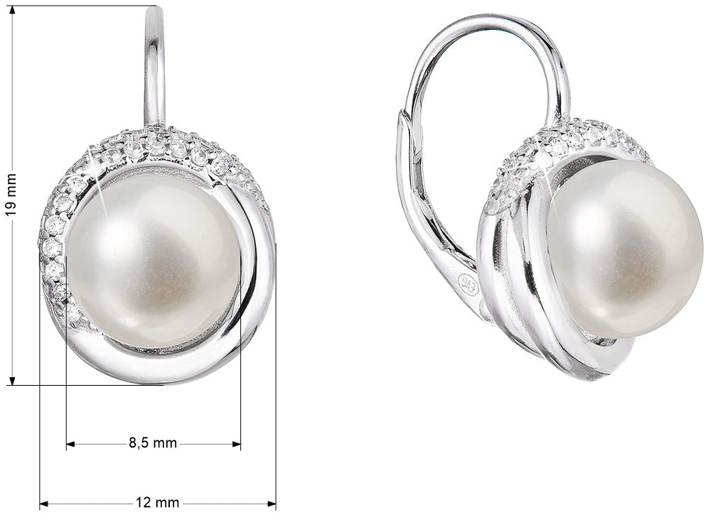 Strieborné náušnice visiace s bielou riečnou perlou a zirkónmi okrúhle 21075.1
